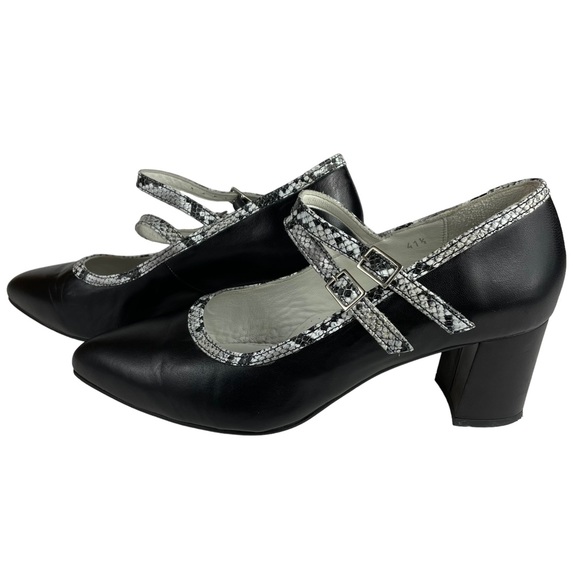 Calla Reptile Snakeskin Soft Leather Black White Point Toe Maryjane Block Heels - Picture 5 of 15